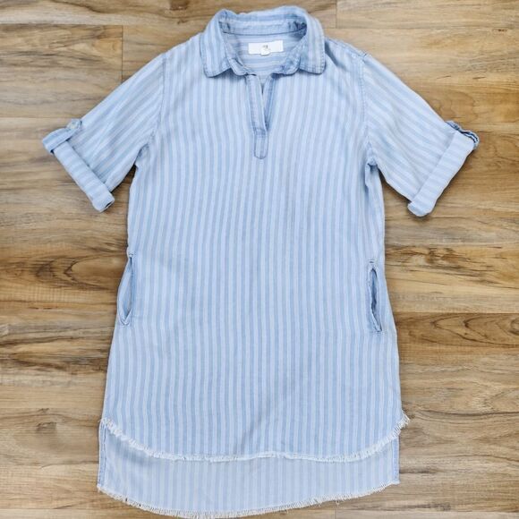 🔹️Anthropologie Thread & Supply Blue Stripe Raw Hem Dress Medium - Picture 2 of 12